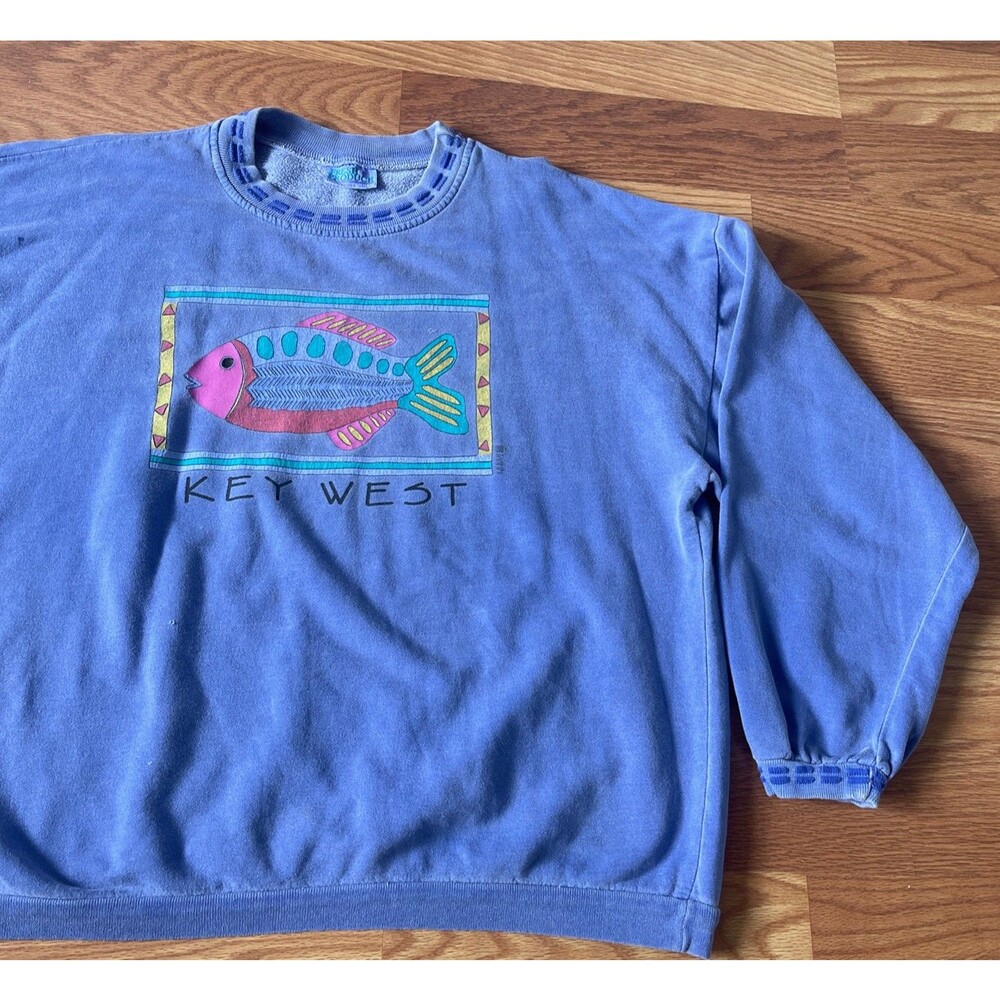 Vintage Key West Fish Nautical Sweatshirt XL Purple Garment Dyed Made USA